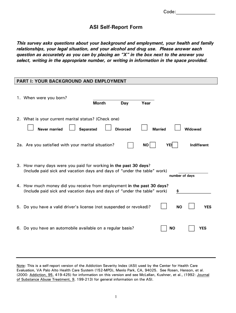 ASI Self Report Form  Center for Health Care Evaluation  Chce Research Va