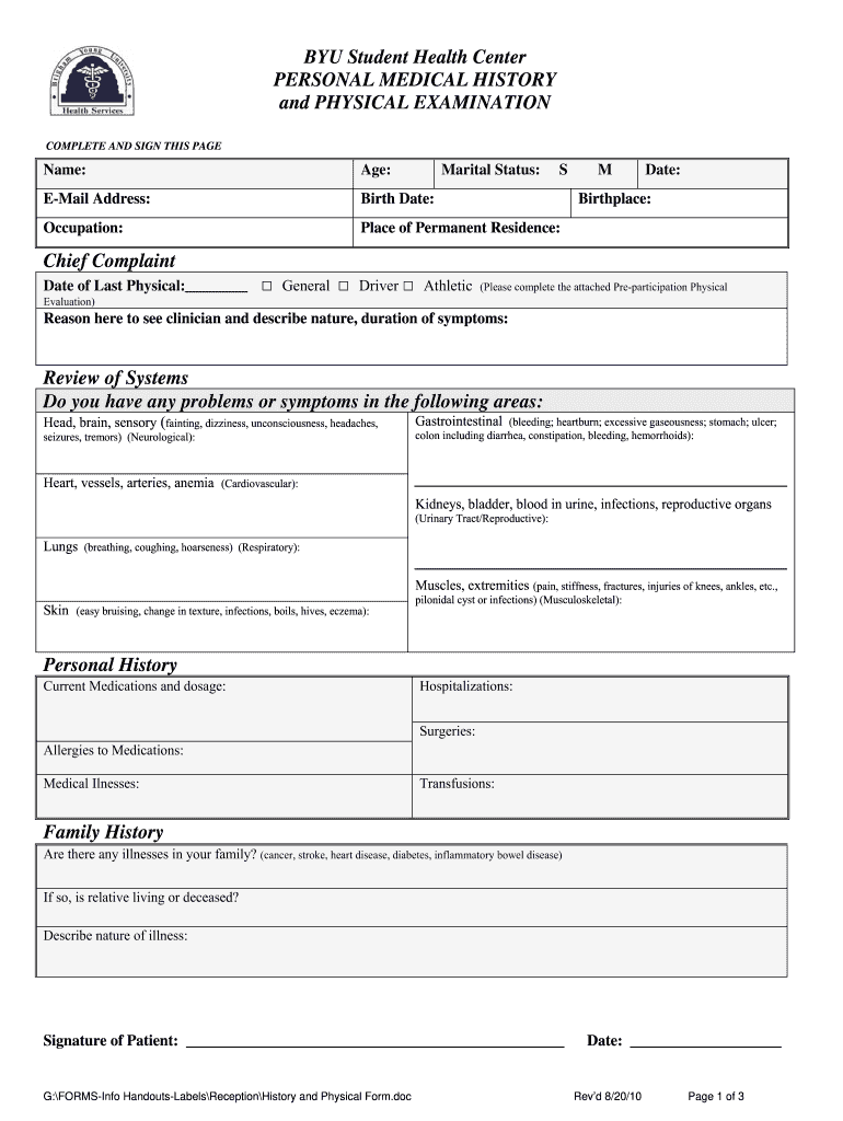 History And Physical Template Fill Out and Sign Printable PDF