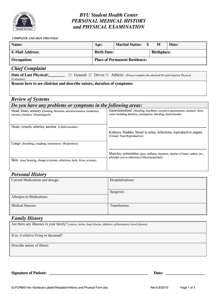  History and Physical Template 2010-2024