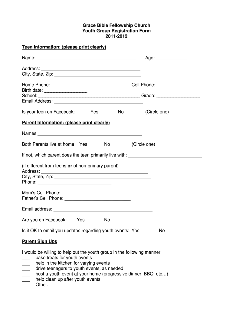 Church Youth Group Registration Forms