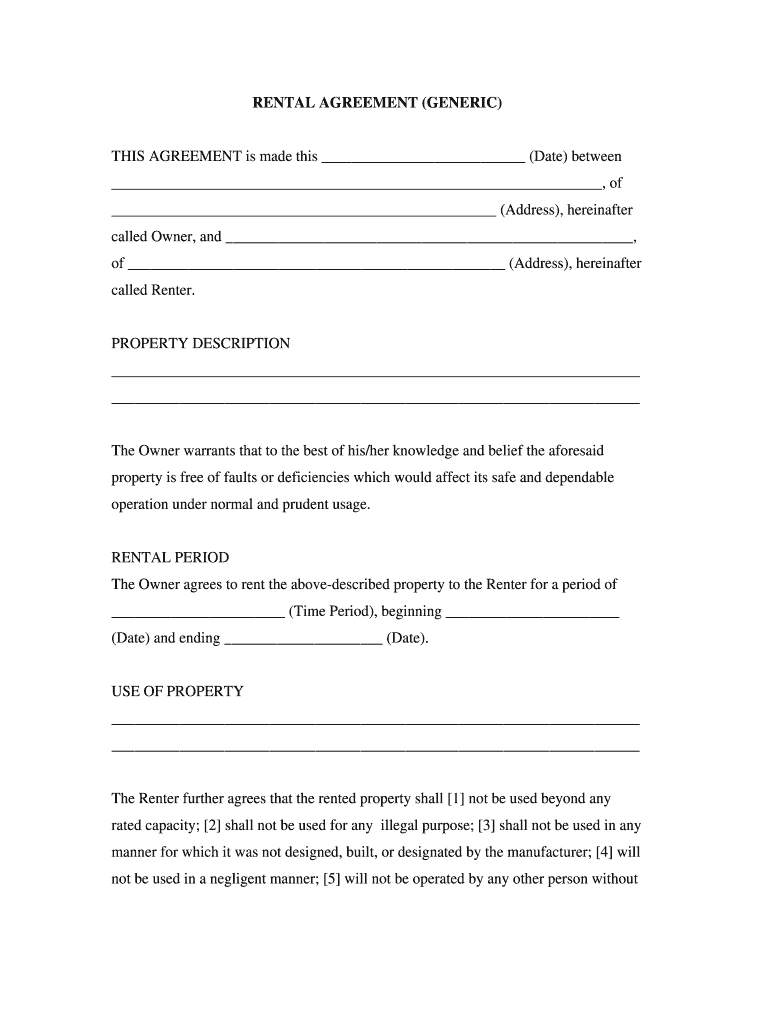 Generic Room Rental Agreement  Form
