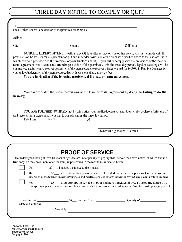 3 Day Notice to Comply or Quit California PDF  Form