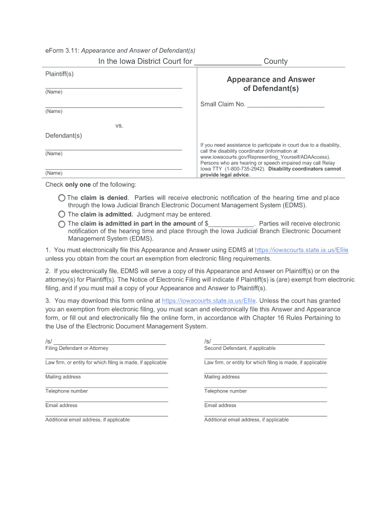 Small Claim Appearance and Answer  Iowacourts  Form