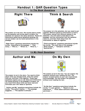 Handout 1 QAR Question Types Right There Think &amp; Search Author Education Ky  Form