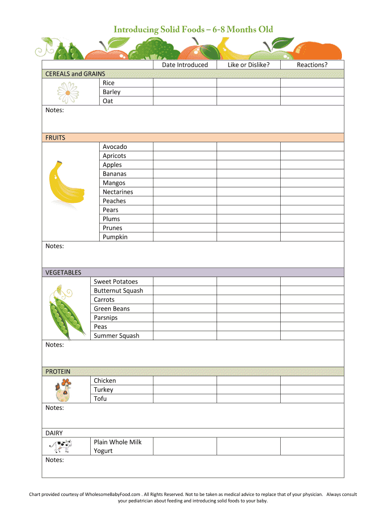 Solid Food Chart Diary 6 to 8 Month Old Baby  Form