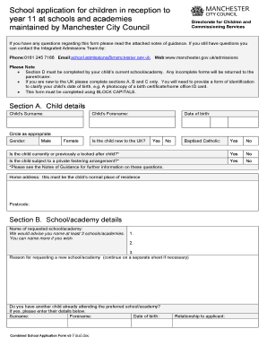 Application Form for School Place Manchester City Council