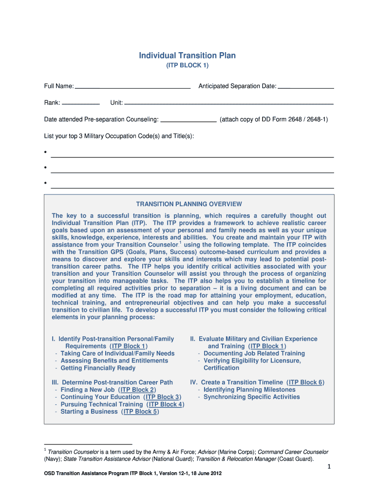 Get and Sign Individual Transition Plan Usmc Fillable 2012-2022 Form