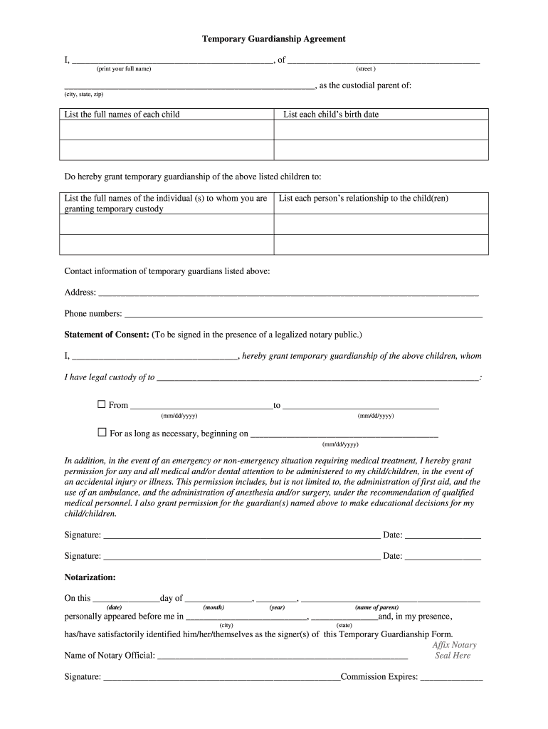 Temporary Guardianship Form Florida