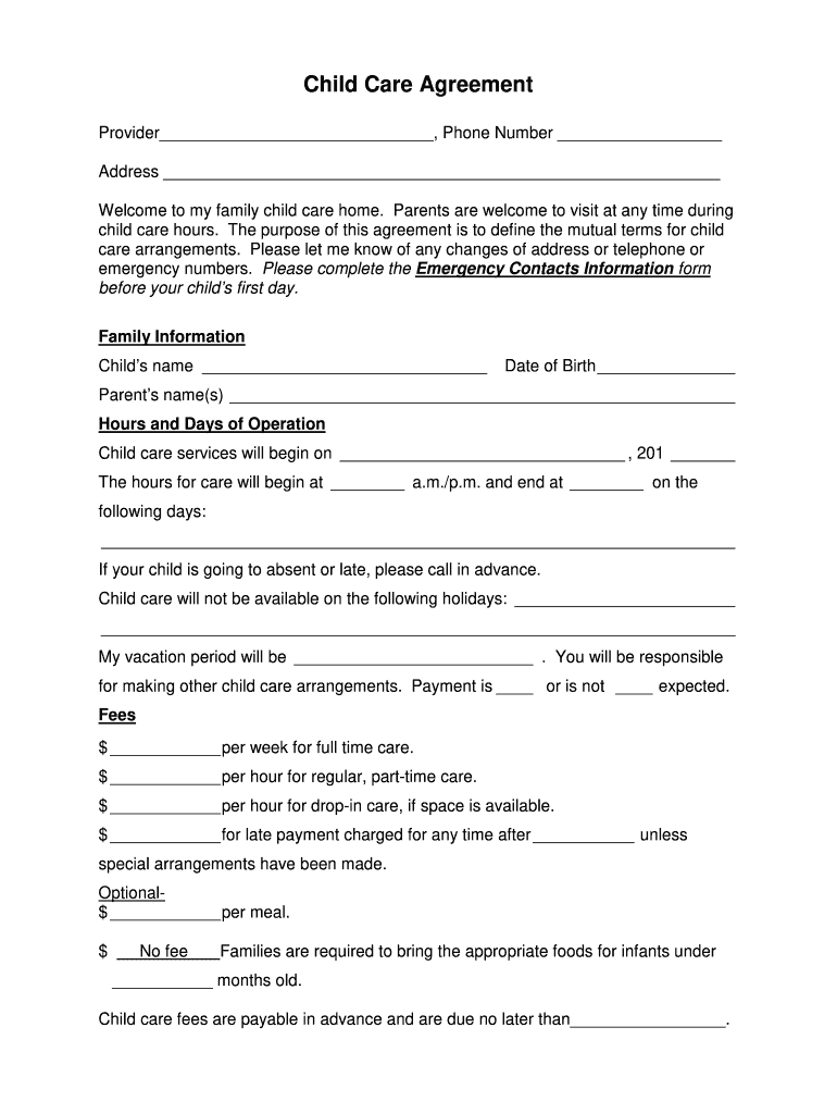 Child Care Agreement Form