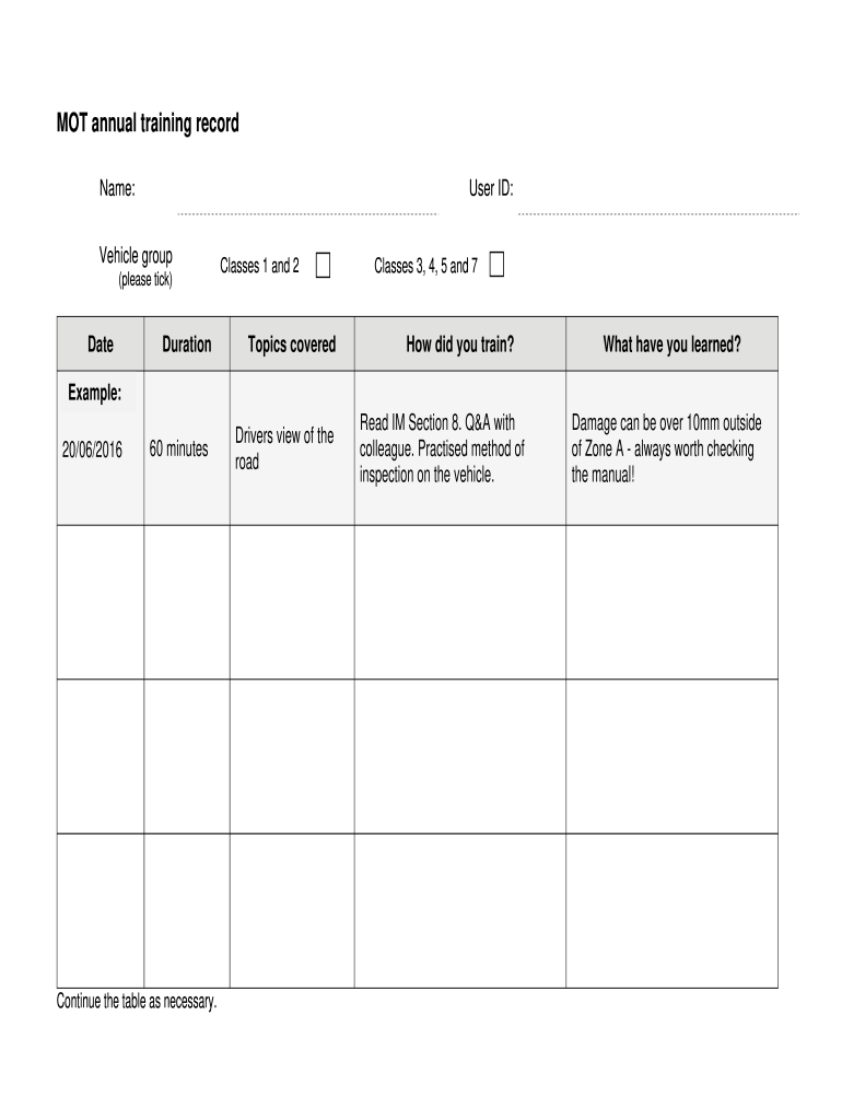 Mot Training Log  Form