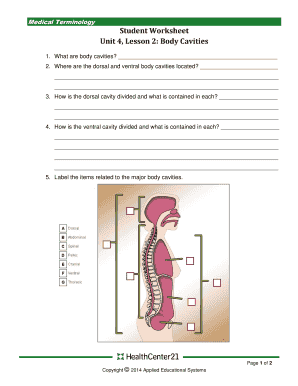 Body Cavities Worksheet PDF  Form
