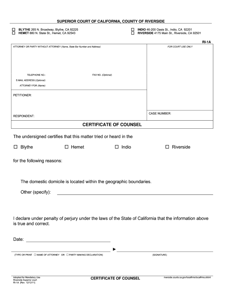 Certificate of Counsel Riverside  Form