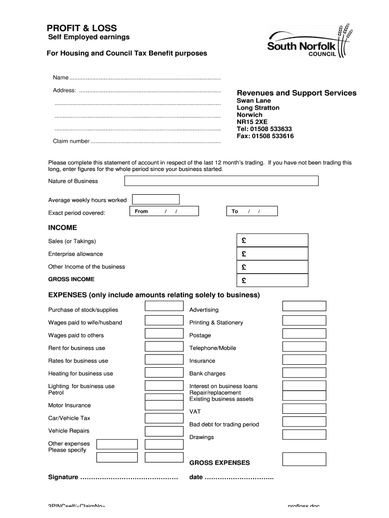 Form Profit and Loss Form for Self Employed Earnings PDF  South Norfolk Gov