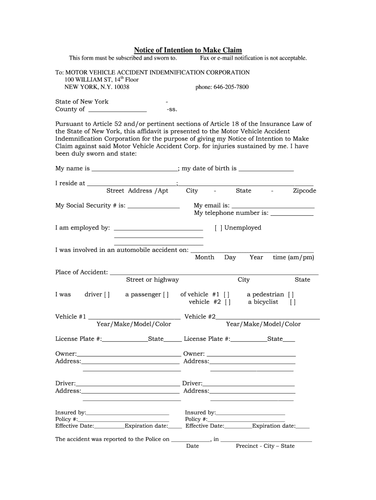 Notice of Intention to Make Claim  Form