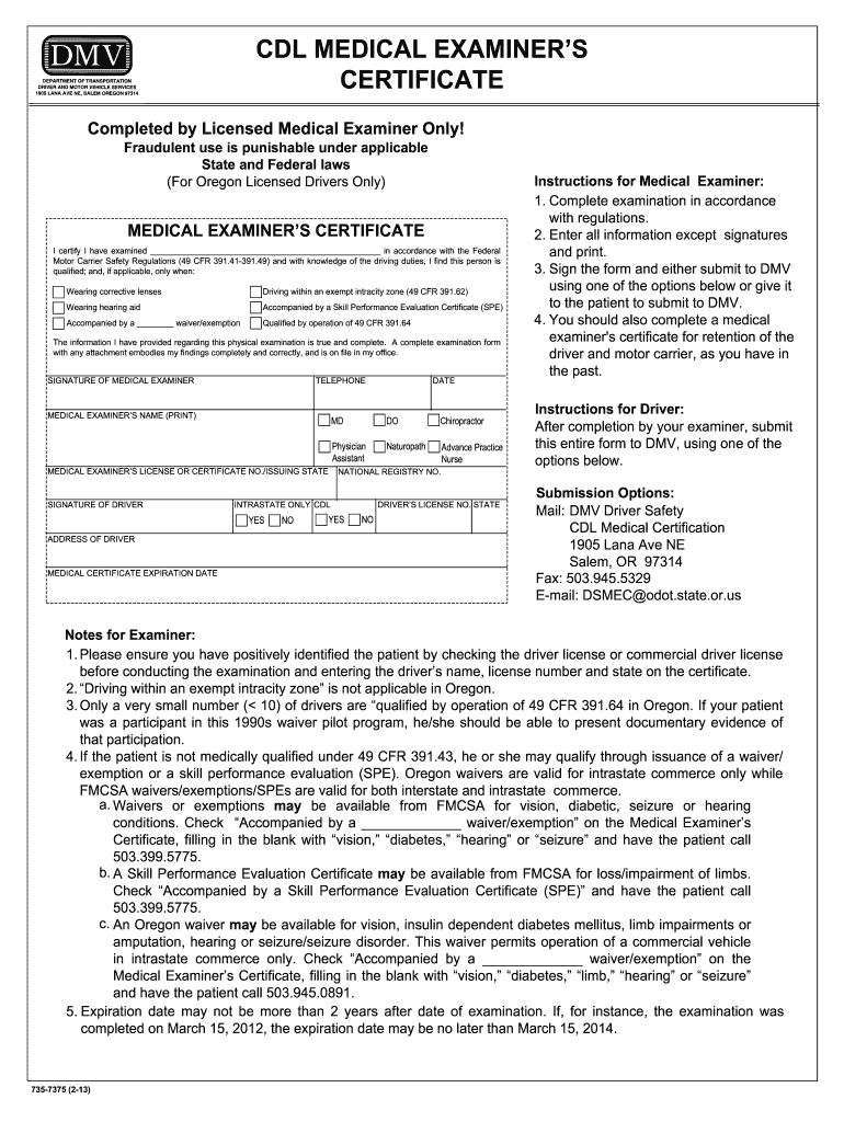 Cdl Medical Card Oregon  Form