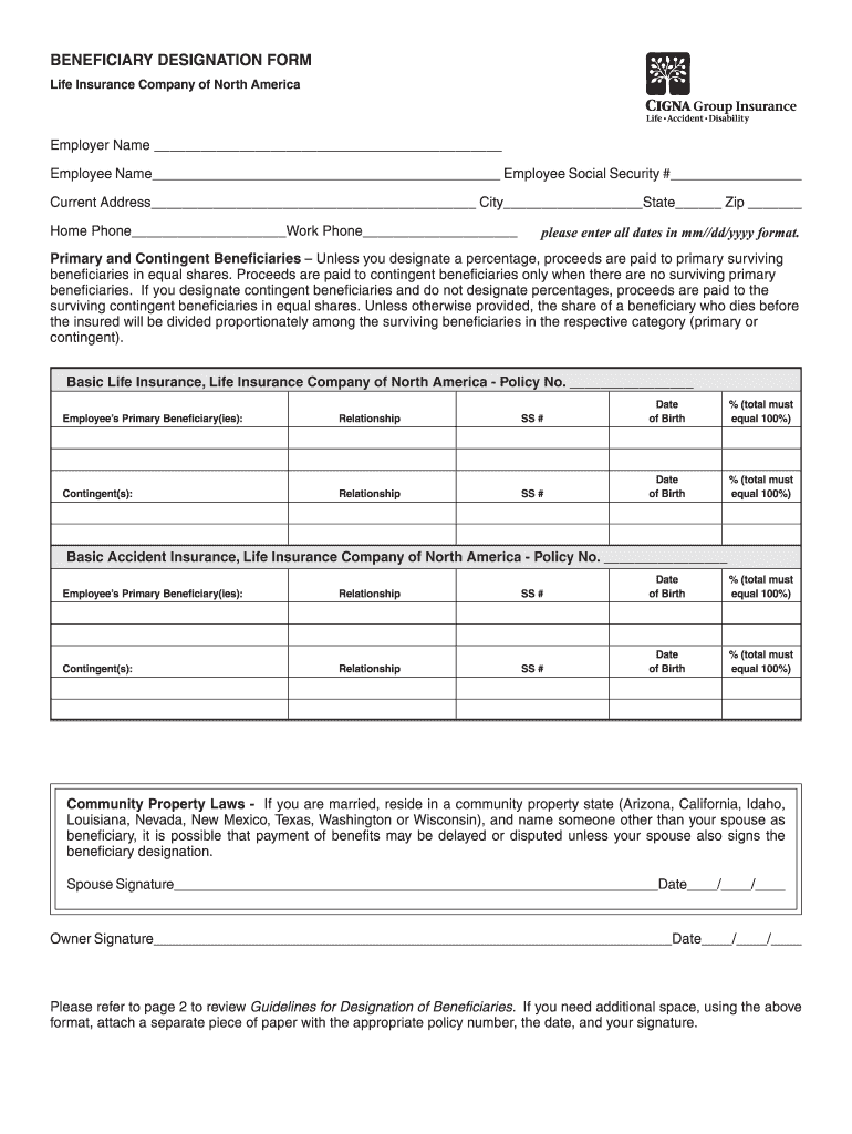 Beneficiary Signature Page for Insurance  Form