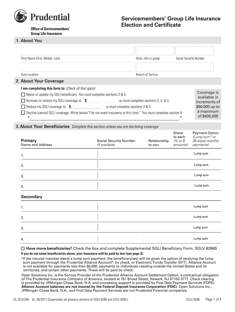  Prudential Servicemembers Group Life Insurance Election and Certificate Form 2015