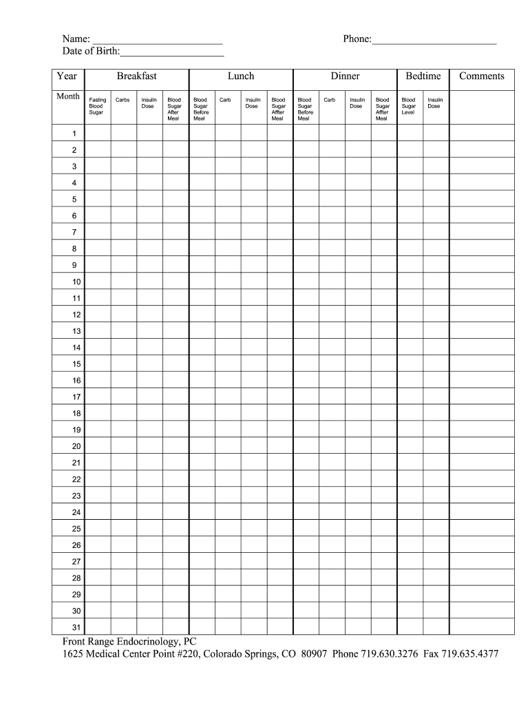 Printable Blood Sugar Log PDF  Form