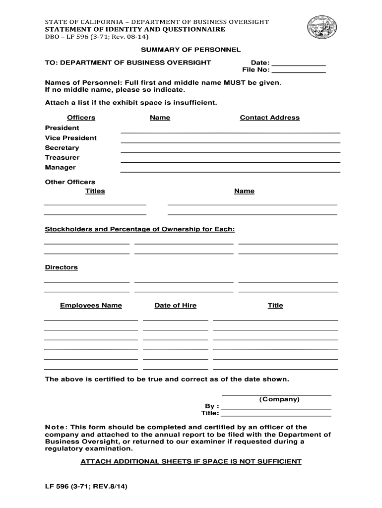DBO LF 596 Summary of Personnel  Form