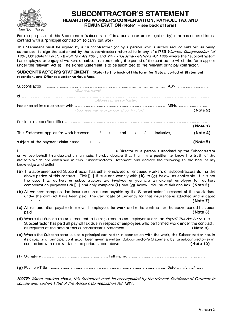 Subcontractor Statement Nsw  Form