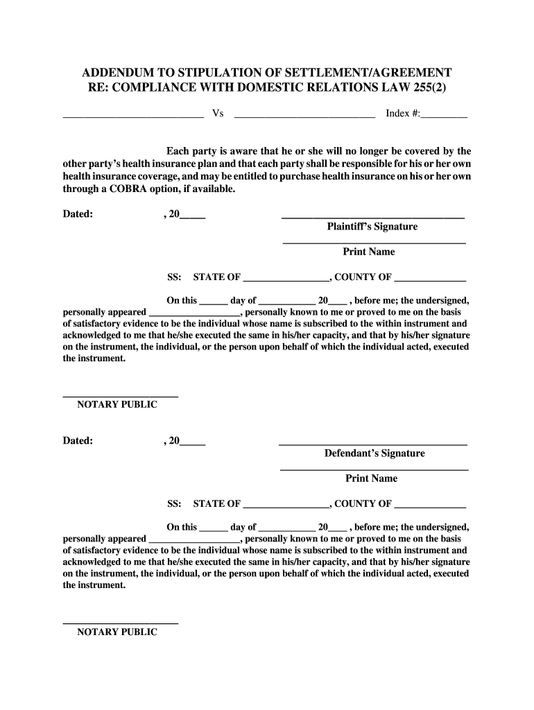 Addendum to Stipulation of Settlement Agreement Re Compliance with Domestic Relations Law 255 2  Form