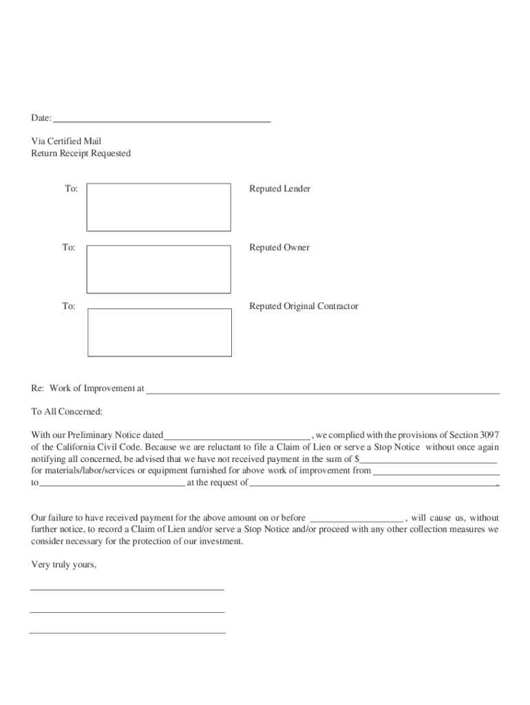 Notice of Intent to Lien  Form