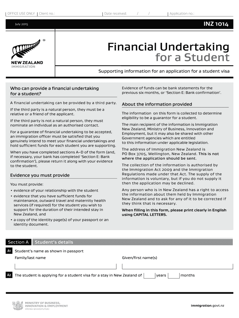 Financial Undertaking for a Student Inz 1014  Form