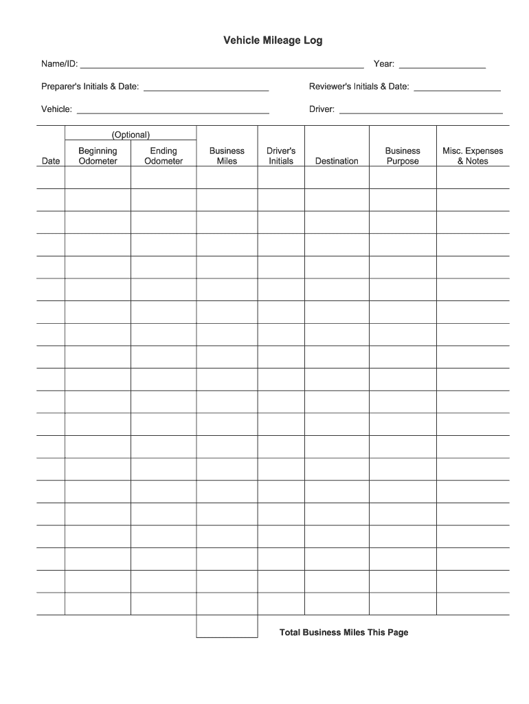 Printable Mileage Log  Form