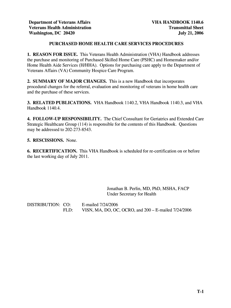  VHA Handbook 1140 6, 72106, Purchased Home Health Care Services Procedures Eligibility Determination, Health Services Accessi 2006