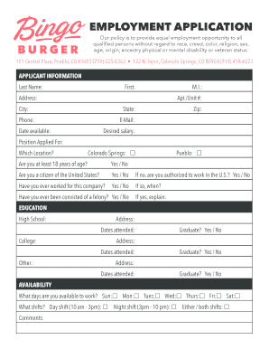 Employment Application Bingo Burger  Form