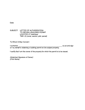 Fillable Letter of Authorization by Owner  Form