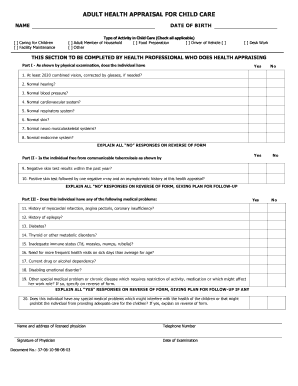 ADULT HEALTH APPRAISAL for CHILD CARE Kids Delaware  Form