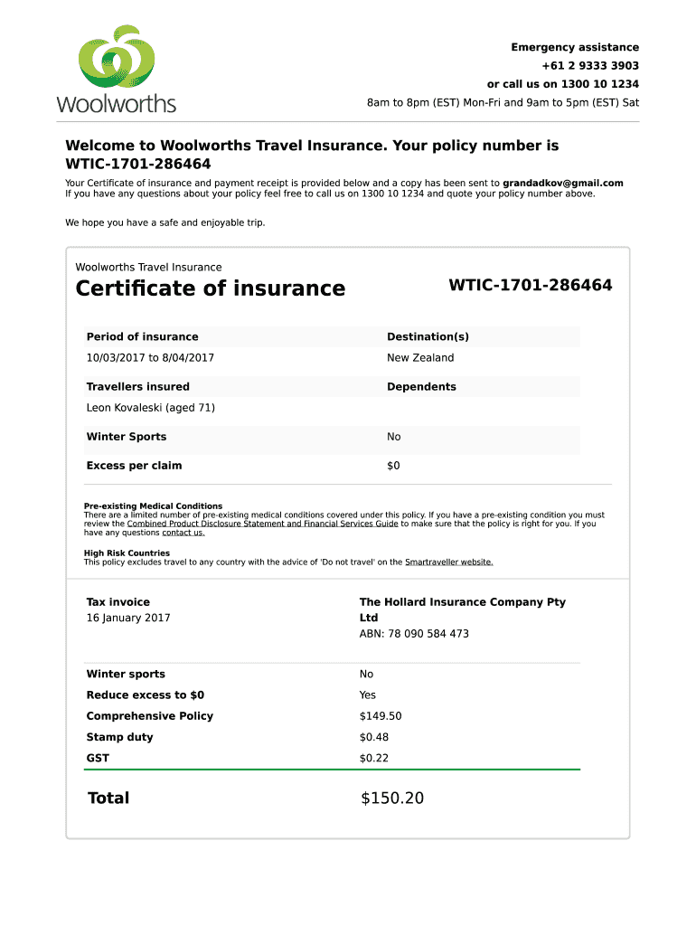 Woolworths Travel Insurance  Form