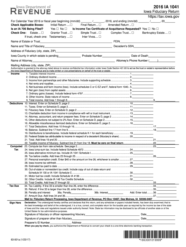  IA1041 Fidicuary Income Tax Return 63001 Iowa Department of 2019