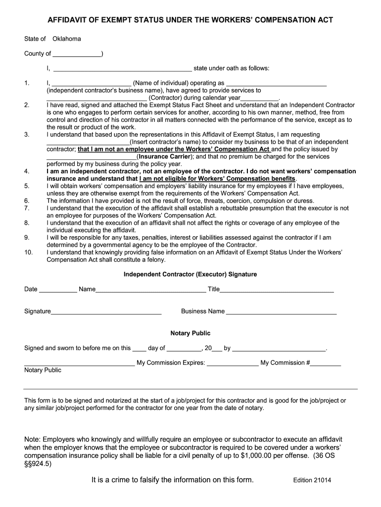 Workers Comp Affidavits of Exemption Oklahoma  Form