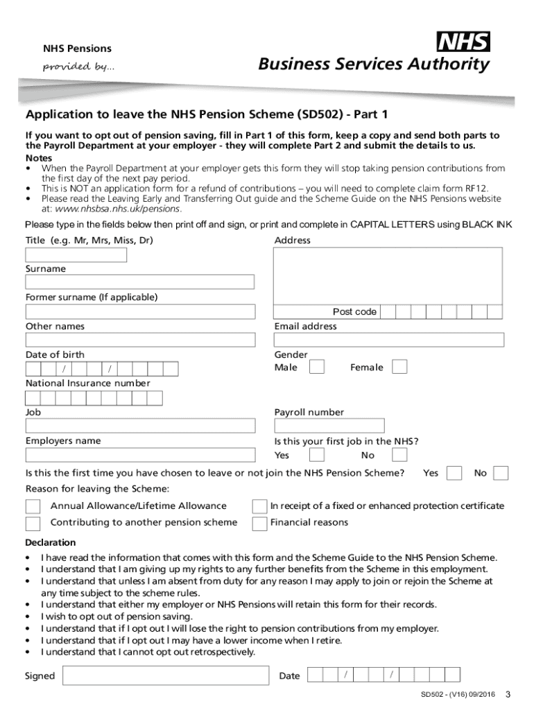  Application to Leave the NHS Pension Scheme SD502 2019