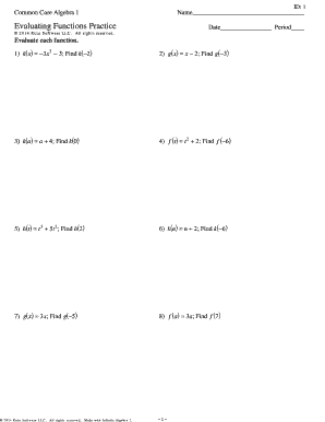 Common Core Algebra 1 Evaluating Functions Practice Answer Key  Form