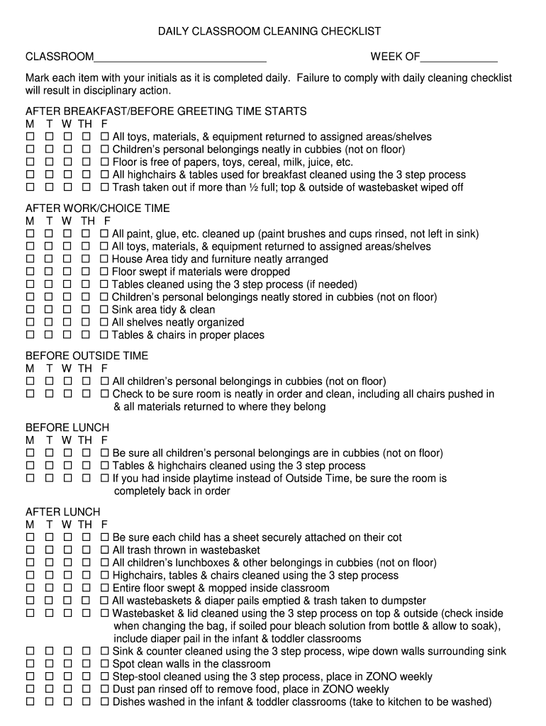 Classroom Cleaning Checklist  Form