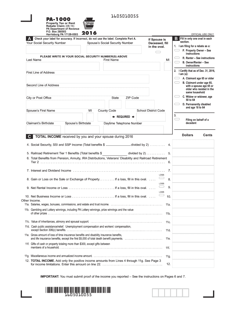 Property Tax Or Rent Rebate Claim PA 1000 FormsPublications Fill Out 