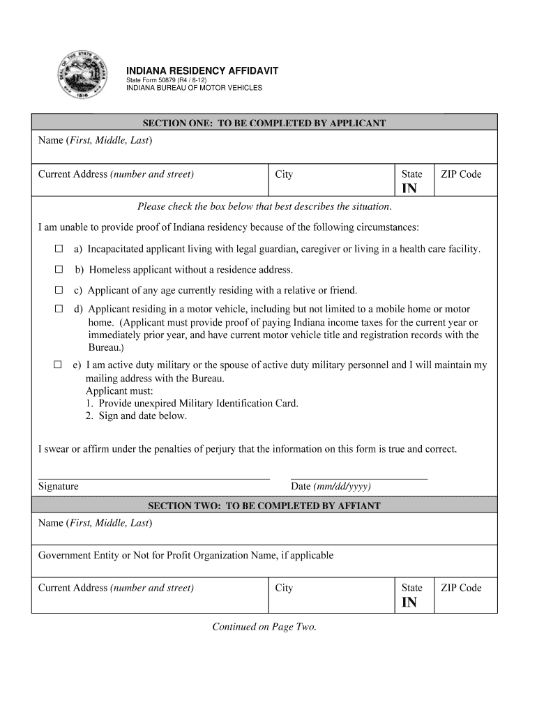 Indiana Residency Affidavit  Form