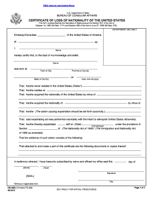 CERTIFICATE of LOSS of NATIONALITY of the UNITED STATES State  Form