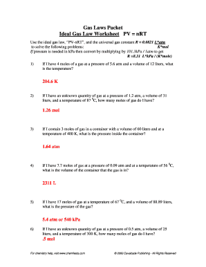 Ideal Gas Law Packet Worksheet Answers  Form