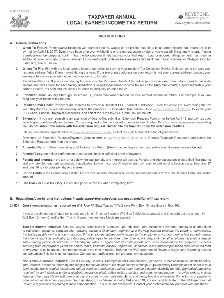  TAXPAYER ANNUAL LOCAL EARNED INCOME TAX RETURN 2016