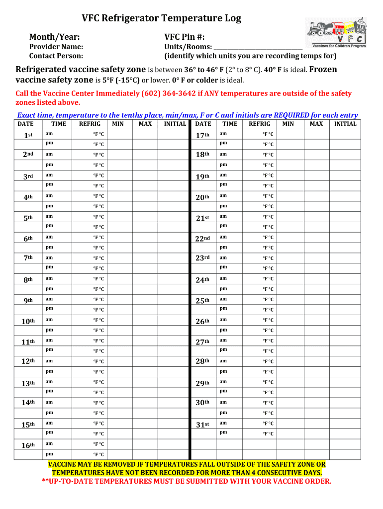 Fillable VFC Refrigeratorzer Temperature Log  Form