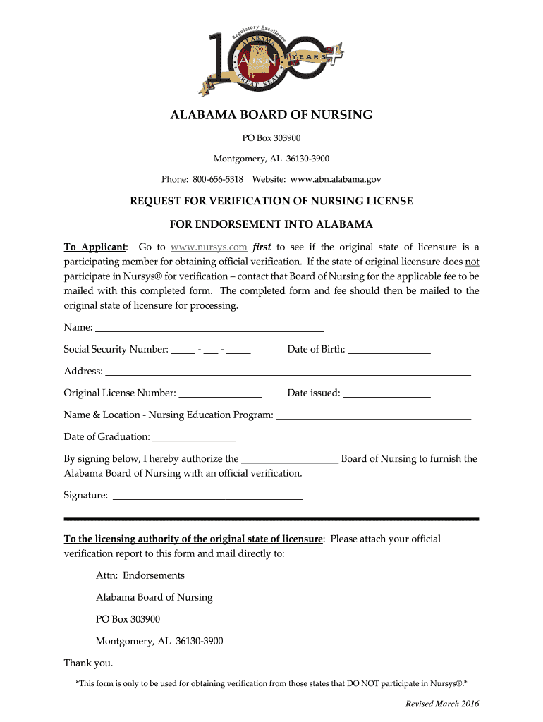 Verification Form Alabama Board of Nursing Alabama Gov Abn Alabama