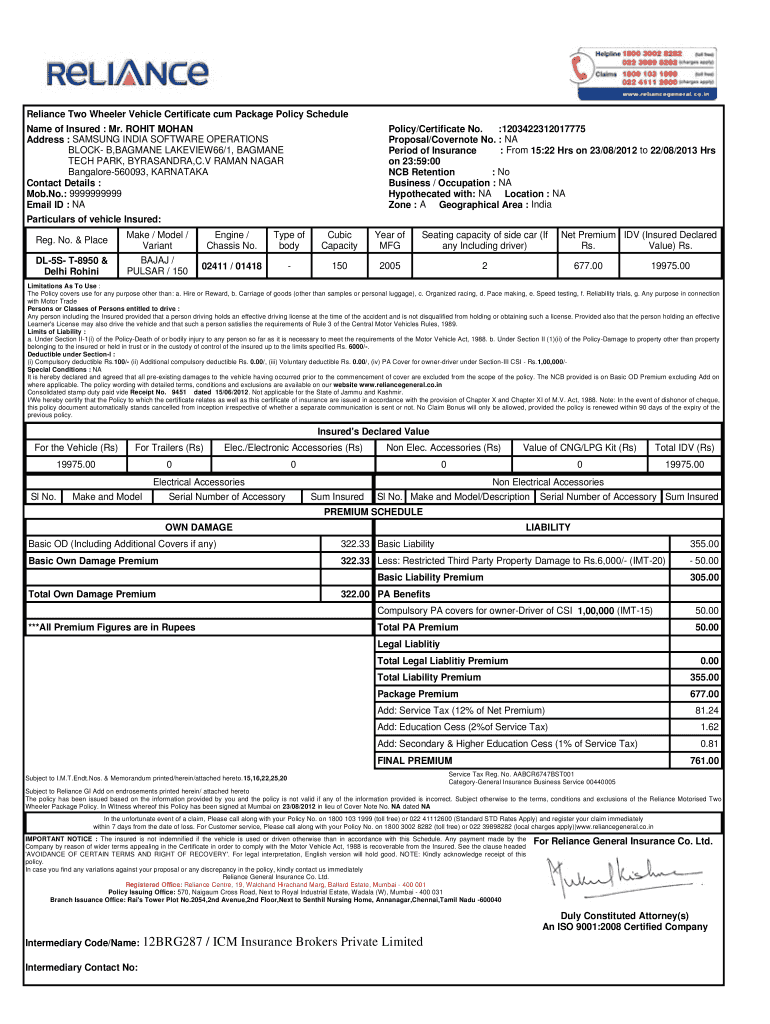 Reliance Two Wheeler Insurance  Form