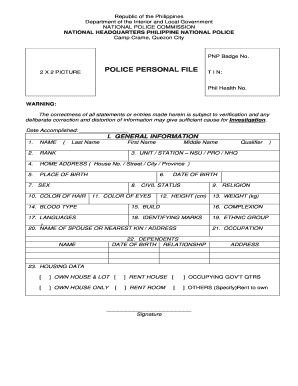 Police Personal File  Form