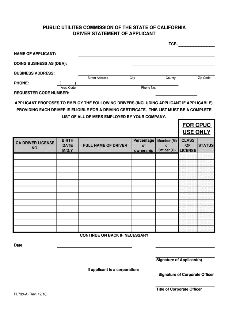  PL739 a DRIVER STATEMENT of APPLICANT Rev121916 XLS  Cpuc Ca 2016