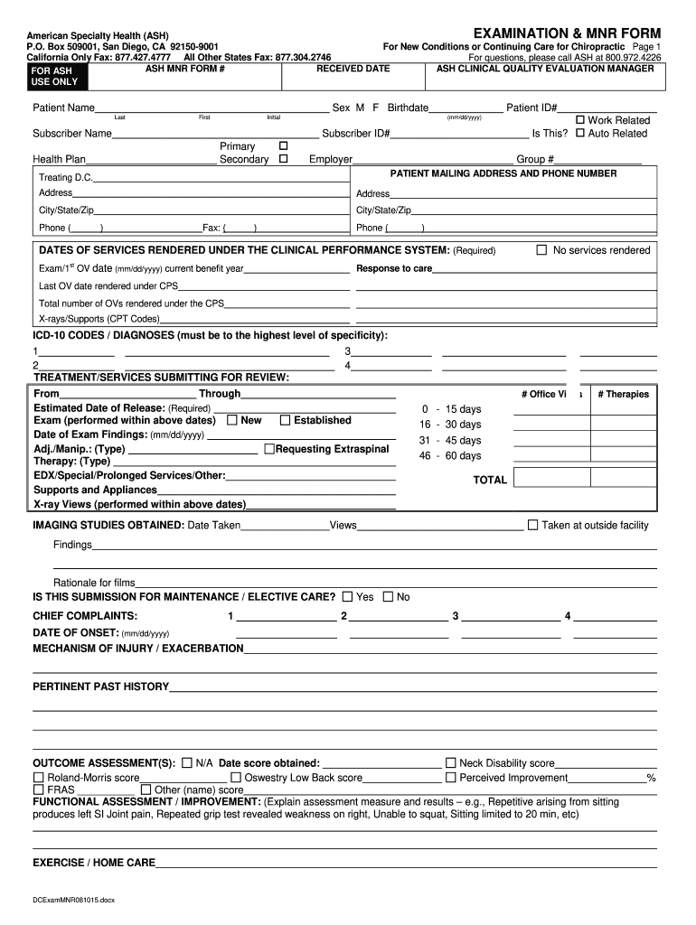  Worker's Comp Chiropractic Exam Form 2015-2024
