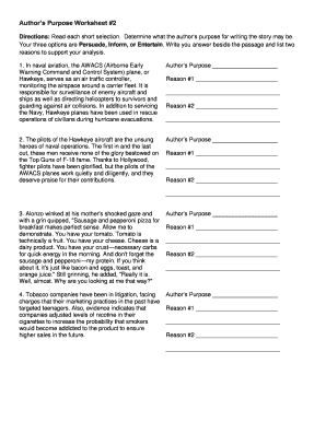 Author&#039;s Purpose Worksheet 2 Answers Key  Form